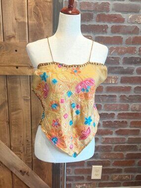 Boho Embroidered Scarf Top Mustard Floral Fringe Asymmetrical Y2K Festival